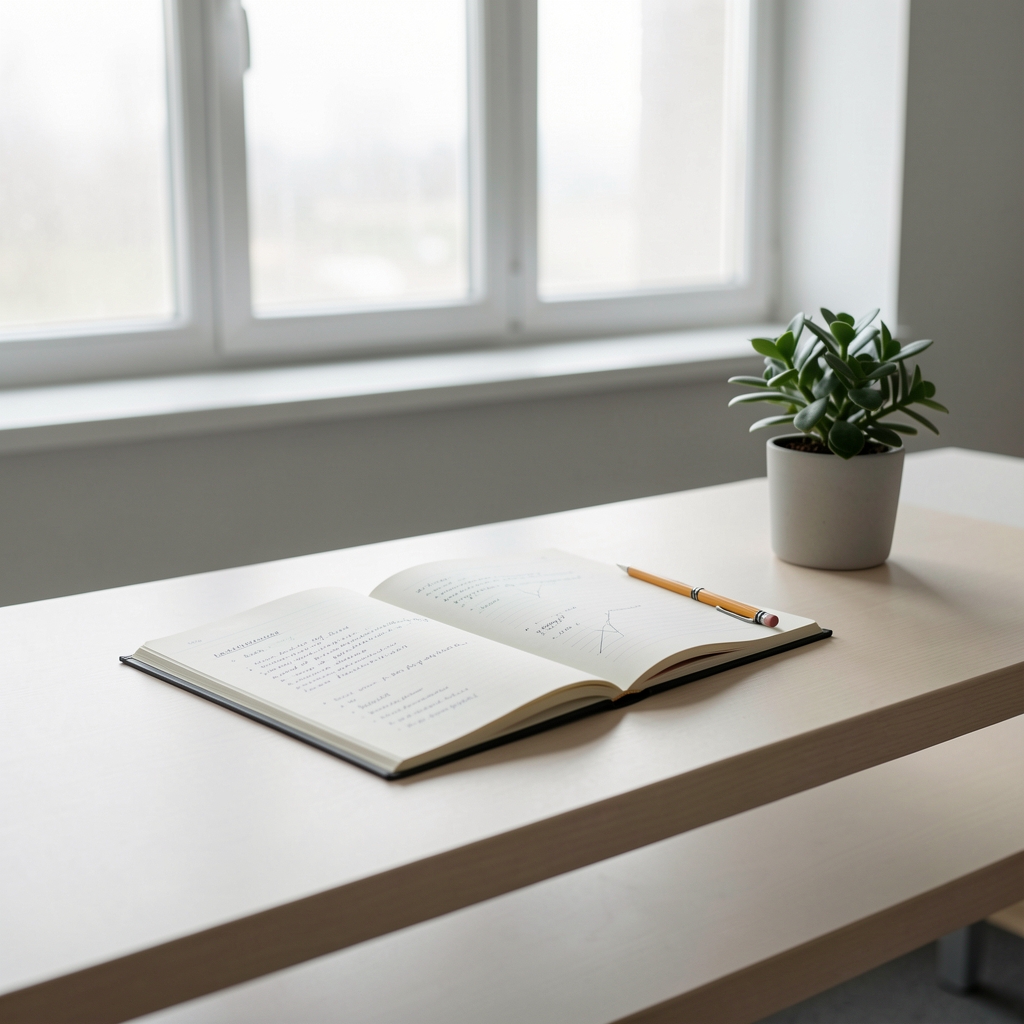 Heller minimalistischer Schreibtisch mit aufgeschlagenen wissenschaftlichen Notizen, Bleistift und einer kleinen Topfpflanze, Fenster im Hintergrund mit diffusem Tageslicht