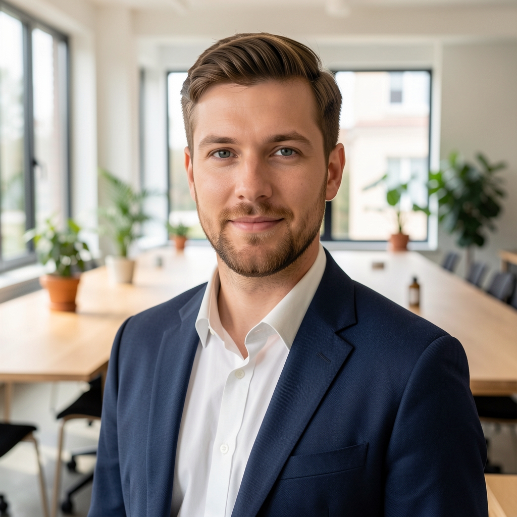 Helles offenes Büro mit langen Holztischen, großen Fenstern und natürlichem Licht, minimalistisch eingerichtet mit wenigen Pflanzen, keine Personen